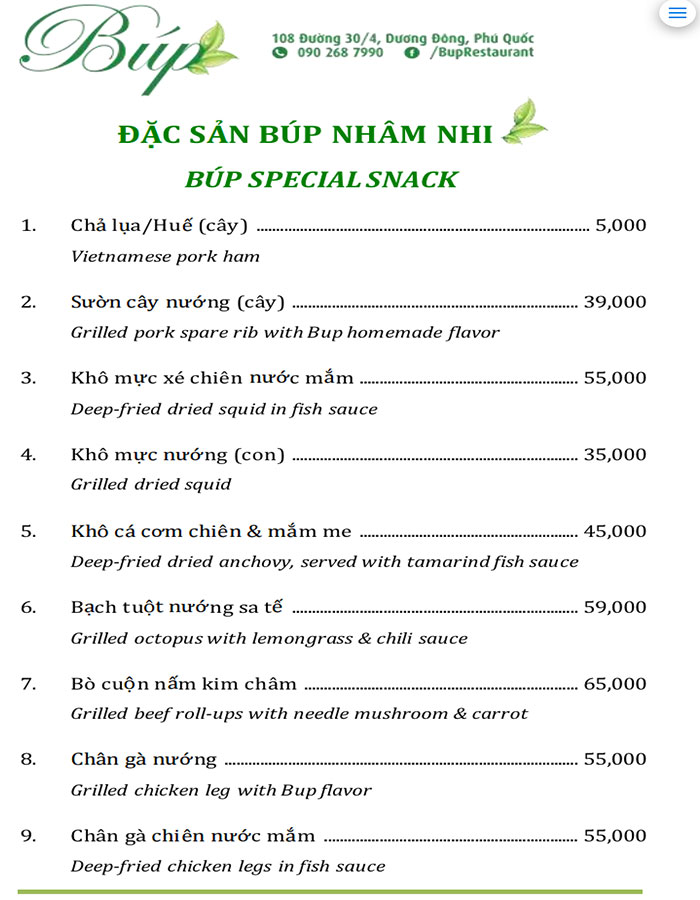 menu Búp Restaurant Phú Quốc