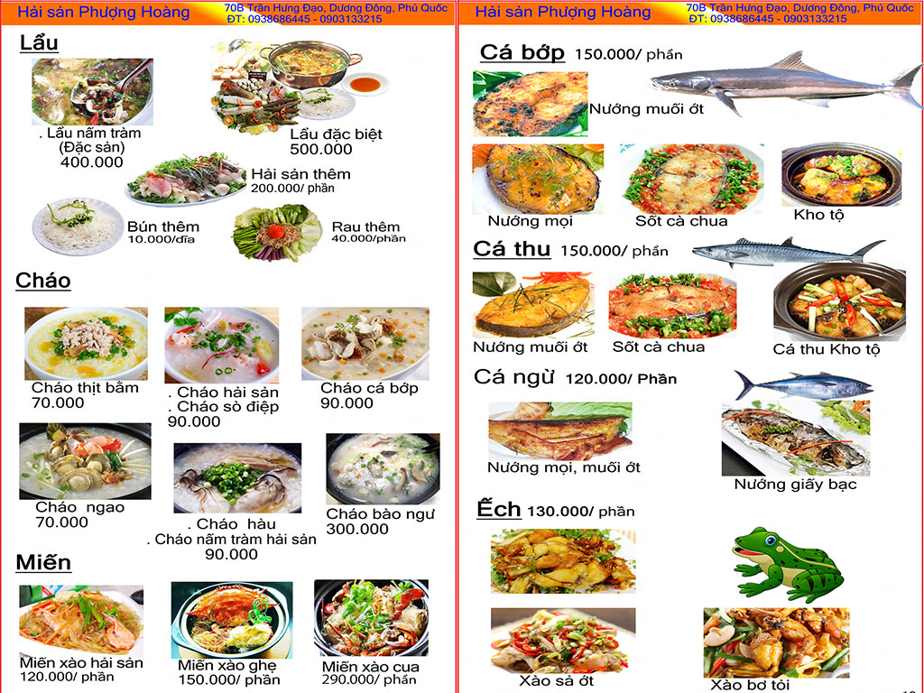 menu Nhà hàng Hải sản Phượng Hoàng Phú Quốc