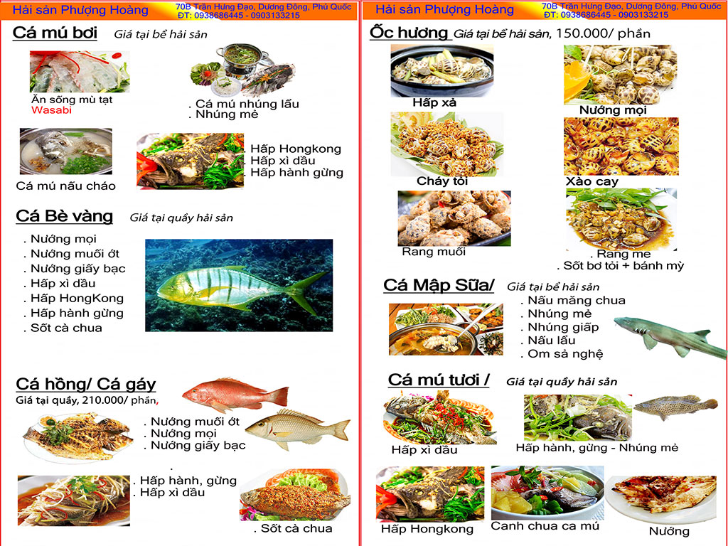menu Nhà hàng Hải sản Phượng Hoàng Phú Quốc